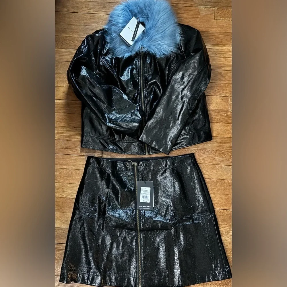 NWT 1X Target Who What Wear Set Black Crinkle Patent Mini and Matching Jacket